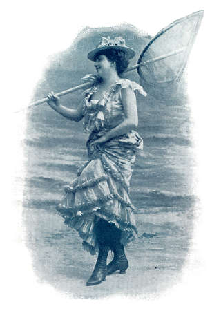 Parisian naiads. Portrait of a woman on the shore with a hand net. Image from the illustrated...