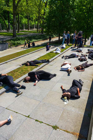 BERLIN - MAY 09, 2022: Victory Day in Europe. Performance by Ukrainian activists in Treptow Park.