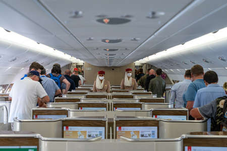 BERLIN, GERMANY - JUNE 23, 2022: Interior of business class of the world's largest aircraft Airbus...
