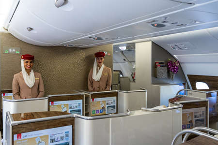 BERLIN, GERMANY - JUNE 23, 2022: Interior of business class of the world's largest aircraft Airbus...