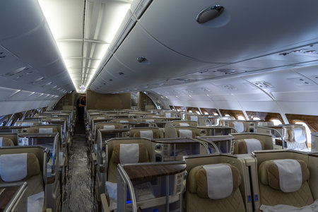 BERLIN, GERMANY - JUNE 23, 2022: Interior of business class of the world's largest aircraft Airbus A380-800. Emirates Airline. Exhibition ILA Berlin Air Show 2022のeditorial素材