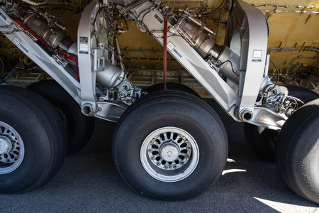 BERLIN, GERMANY - JUNE 23, 2022: Landing gear of military transport aircraft Airbus A400M Atlas. Exhibition ILA Berlin Air Show 2022のeditorial素材