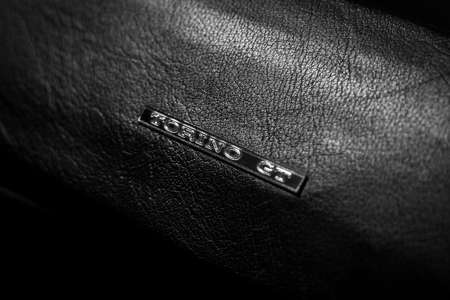 BERLIN - JUNE 18, 2022: Emblem of a muscle car Ford Torino GT, 1970. Black and white. Classic Days Berlin.のeditorial素材