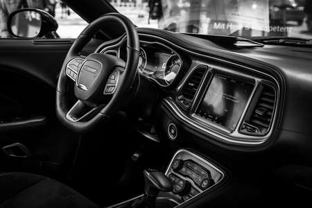 BERLIN - JUNE 18, 2022: Interior of the muscle car Dodge Challenger R/T. Black and white. Classic Days Berlin.のeditorial素材