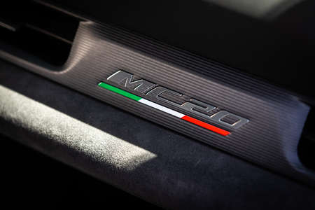 BERLIN - JUNE 18, 2022: Emblem of a sports car Maserati MC20, close-up. Classic Days Berlin.のeditorial素材