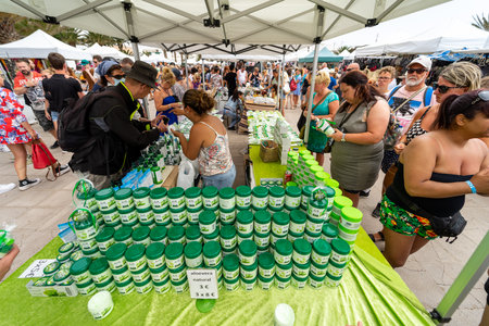 TEGUISE (village), LANZAROTE, CANARY ISLANDS - JULY 17, 2022: Popular sunday market in the old part of the village. Until 1852, Teguise was the capital of the island.のeditorial素材