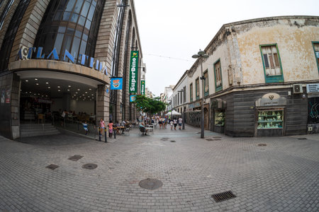 ARRECIFE, LANZAROTE, CANARY ISLANDS - JULY 23 2022: Shopping streets of the central part of the city. Fisheye lens.のeditorial素材