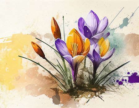 Primrose - Crocus. Watercolor style illustration by Generative AI.の素材