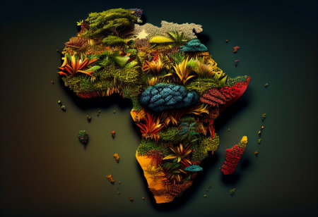 Africa map covered with plants. The concept of protecting nature. Illustration by Generative AI.の素材
