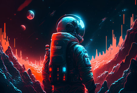 Astronaut on a distant uninhabited planet. Illustration by Generative AI.の素材
