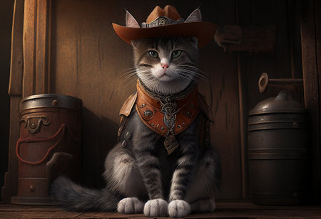 Portrait of a cartoon cat in a leather vest and hat. Illustration by Generative AI.の素材