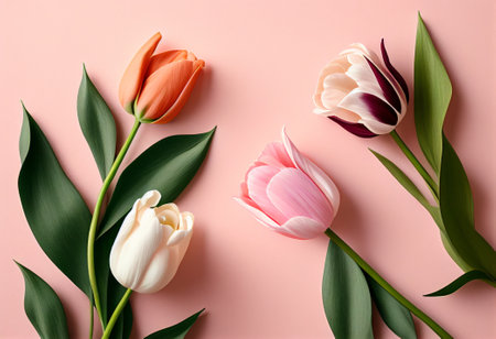 Beautiful tulips on a pink background. Illustration by Generative AI.の素材