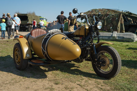 FINOWFURT, GERMANY - APRIL 22, 2023: Motorcycle BMW with sidecar. Meeting of fans of retro cars of the Eastern bloc (Ostfahrzeugtreffen).のeditorial素材
