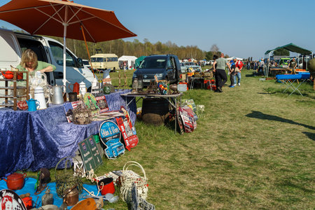 FINOWFURT, GERMANY - APRIL 22, 2023: Flea market selling various parts from old cars. Meeting of fans of retro cars of the Eastern bloc (Ostfahrzeugtreffen).のeditorial素材