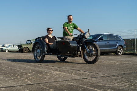 FINOWFURT, GERMANY - APRIL 22, 2023: Motorocycle, and motorcycle with sidecar. Meeting of fans of retro cars of the Eastern bloc (Ostfahrzeugtreffen).のeditorial素材