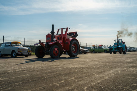 FINOWFURT, GERMANY - APRIL 22, 2023: Tractor Lanz Bulldog. Meeting of fans of retro cars of the Eastern bloc (Ostfahrzeugtreffen).のeditorial素材