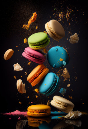 Assorted multi flavored macaroons floating against dark background. Illustration by Generative AI.の素材