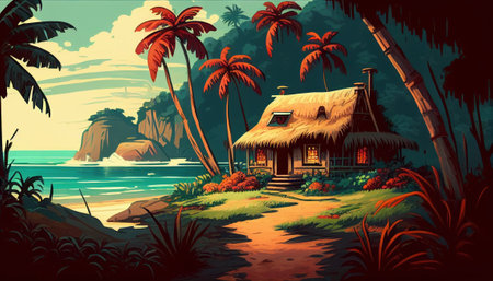 Tropical landscape with a lonely house near the ocean at sunset and palm trees. Illustration by Generative AI.の素材