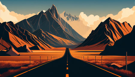 Highway stretching into the distance. In the background are high mountains. Illustration by Generative AI.の素材