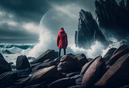 A man in a red jacket stands on a rocky shore of a raging ocean. Illustration by Generative AI.の素材