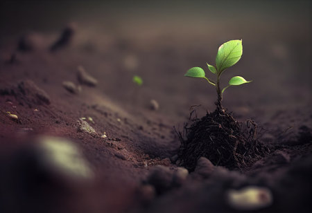 Green sprout on dry ground. Illustration by Generative AI.の素材