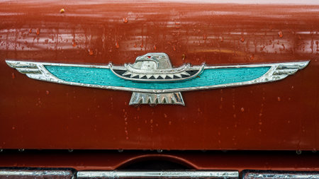 FINOWFURT, GERMANY - MAY 06, 2023: The front emblem of personal luxury car Ford Thunderbird (third...
