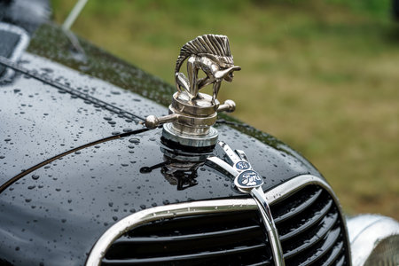 FINOWFURT, GERMANY - MAY 06, 2023: The emblem of a full-size pickup truck Ford V8 Model 67. Race...