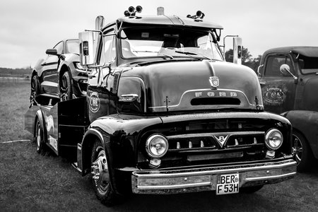 FINOWFURT, GERMANY - MAY 06, 2023: The pickup truck Ford C-500 COE (cab over engine), 1953. Black and white. Race festival 2023. Season opening.のeditorial素材