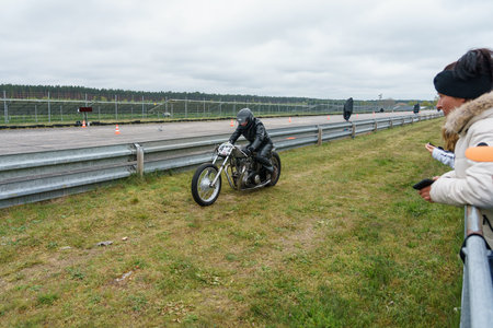 FINOWFURT, GERMANY - MAY 06, 2023: Motorcycle racer on the track. Race festival 2023. Season opening.のeditorial素材