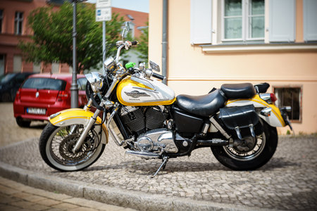 WERDER (HAVEL), GERMANY - MAY 20, 2023: The cruiser-type motorcycle Honda Shadow 750 Ace. Swirl bokeh, art lens. Oldtimer - Festival Werder Classics 2023のeditorial素材