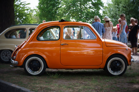 WERDER (HAVEL), GERMANY - MAY 20, 2023: The city car Fiat Abarth 695 SS. Swirl bokeh, art lens. Oldtimer - Festival Werder Classics 2023のeditorial素材
