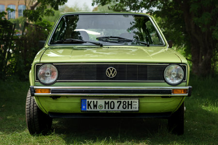 WERDER (HAVEL), GERMANY - MAY 20, 2023: The small family car Volkswagen Golf I, 1978. Oldtimer - Festival Werder Classics 2023のeditorial素材