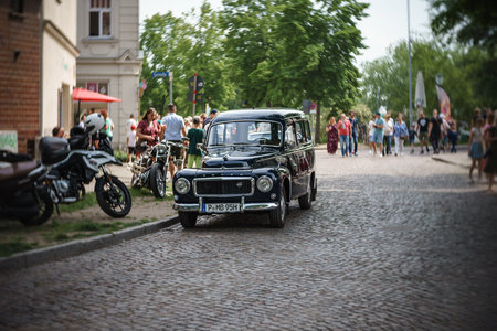 WERDER (HAVEL), GERMANY - MAY 20, 2023: The retro car Volvo Duett. Swirl bokeh, art lens. Oldtimer - Festival Werder Classics 2023のeditorial素材