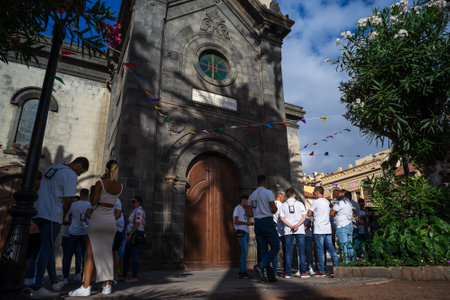 PUERTO DE LA CRUZ, SPAIN - JULY 16, 2023: Preparations for the procession in honor of Our Lady of Mount Carmel near the Nuestra Senora de la Pena de Francia church.のeditorial素材