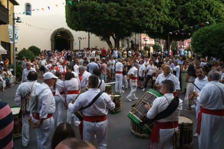 PUERTO DE LA CRUZ, SPAIN - JULY 16, 2023: Preparations for the procession in honor of Our Lady of Mount Carmel near the Nuestra Senora de la Pena de Francia church.のeditorial素材