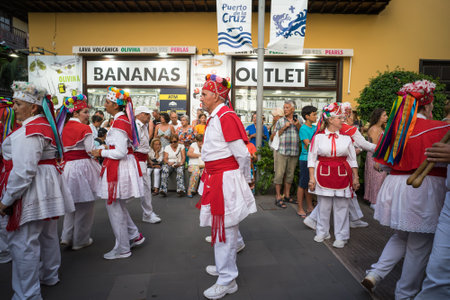 PUERTO DE LA CRUZ, SPAIN - JULY 16, 2023: Preparations for the procession in honor of Our Lady of Mount Carmel near the Nuestra Senora de la Pena de Francia church.のeditorial素材