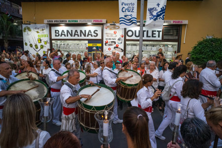 PUERTO DE LA CRUZ, SPAIN - JULY 16, 2023: Procession in honor of Our Lady of Mount Carmel through the streets of the town.のeditorial素材