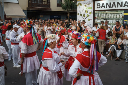 PUERTO DE LA CRUZ, SPAIN - JULY 16, 2023: Preparations for the procession in honor of Our Lady of Mount Carmel near the Nuestra Senora de la Pena de Francia church.のeditorial素材