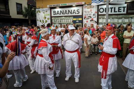 PUERTO DE LA CRUZ, SPAIN - JULY 16, 2023: Preparations for the procession in honor of Our Lady of Mount Carmel near the Nuestra Senora de la Pena de Francia church.のeditorial素材