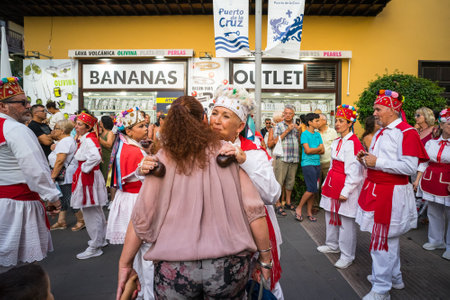 PUERTO DE LA CRUZ, SPAIN - JULY 16, 2023: Preparations for the procession in honor of Our Lady of Mount Carmel near the Nuestra Senora de la Pena de Francia church.のeditorial素材