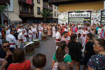 PUERTO DE LA CRUZ, SPAIN - JULY 16, 2023: Preparations for the procession in honor of Our Lady of Mount Carmel near the Nuestra Senora de la Pena de Francia church.のeditorial素材