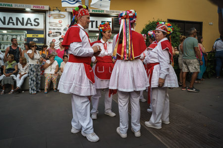 PUERTO DE LA CRUZ, SPAIN - JULY 16, 2023: Preparations for the procession in honor of Our Lady of Mount Carmel near the Nuestra Senora de la Pena de Francia church.のeditorial素材