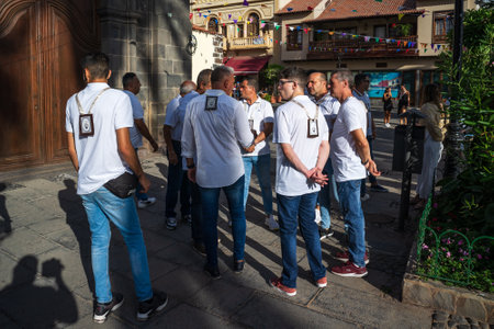 PUERTO DE LA CRUZ, SPAIN - JULY 16, 2023: Preparations for the procession in honor of Our Lady of Mount Carmel near the Nuestra Senora de la Pena de Francia church.のeditorial素材