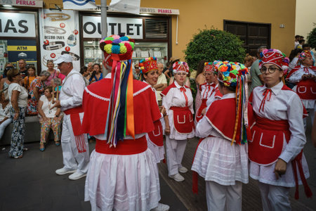 PUERTO DE LA CRUZ, SPAIN - JULY 16, 2023: Preparations for the procession in honor of Our Lady of Mount Carmel near the Nuestra Senora de la Pena de Francia church.のeditorial素材