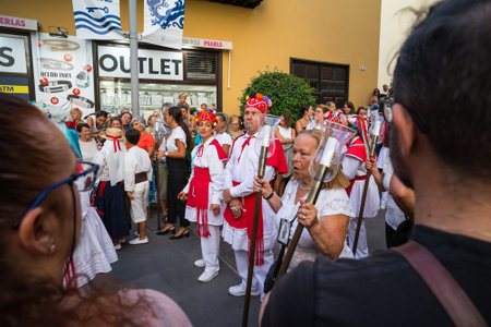 PUERTO DE LA CRUZ, SPAIN - JULY 16, 2023: Procession in honor of Our Lady of Mount Carmel through the streets of the town.のeditorial素材