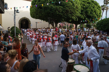 PUERTO DE LA CRUZ, SPAIN - JULY 16, 2023: Preparations for the procession in honor of Our Lady of Mount Carmel near the Nuestra Senora de la Pena de Francia church.のeditorial素材