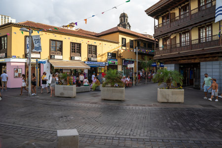 PUERTO DE LA CRUZ, SPAIN - JULY 16, 2023: Streets on the historic center of a popular tourist town on the island of Tenerife, Canary Islands.のeditorial素材