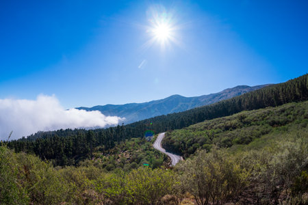 The morning mountain valley. View from under the clouds. Tenerife. Canary Islands. Spain. Vewpoint - Mirador de La Bermeja. Lens flare.の写真素材
