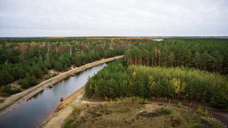 Bird's eye view on Sedlitzer See and Sornoer Canal. The surroundings of Senftenberg. Germany....
