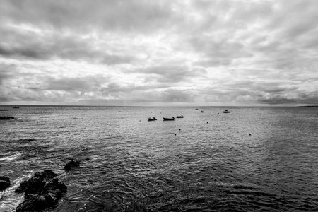 Rocky shore of Punta Mujeres bay. Lanzarote, Canary Islands. Spain. Black and white.の写真素材
